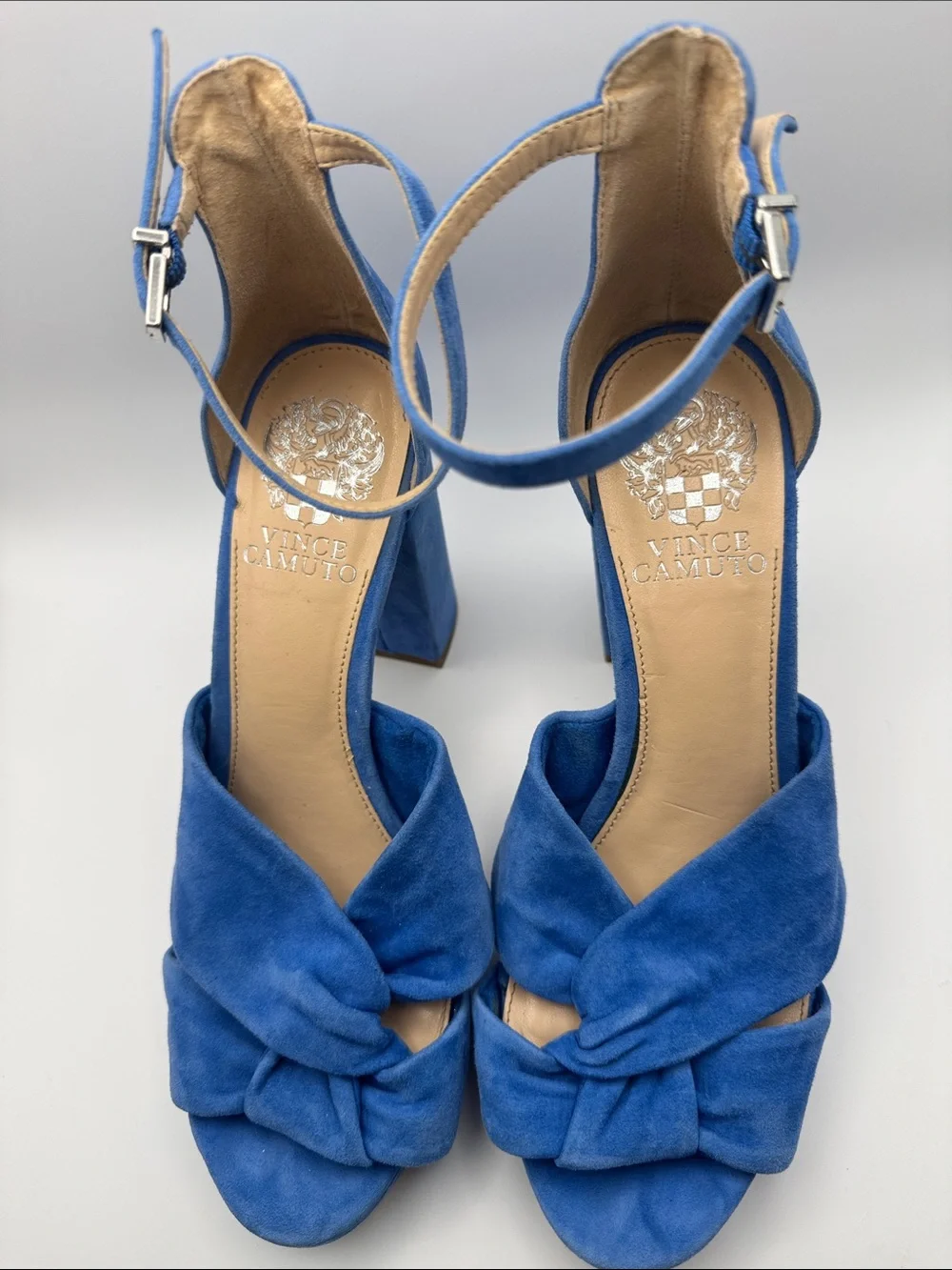 Vince Camuto Blue Suede Knotted Platform Block Heel Sandals 7.5